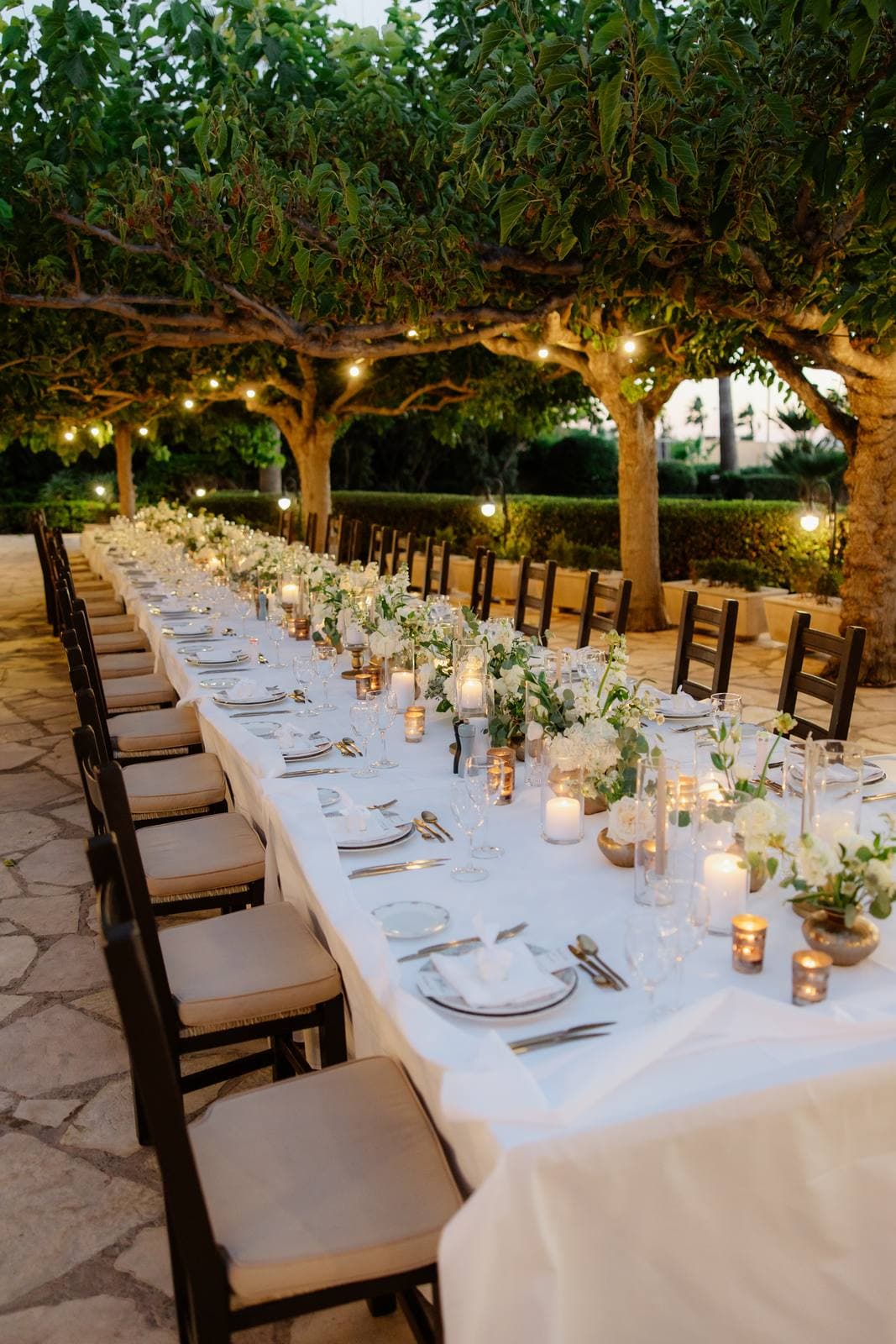 Christos & Eleni, the dinner table under the trees at Elysium
